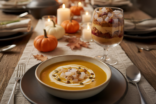 Pumpkin soup and layered dessert topped with nata de coco cubes on a fall-themed Thanksgiving dinner table.
