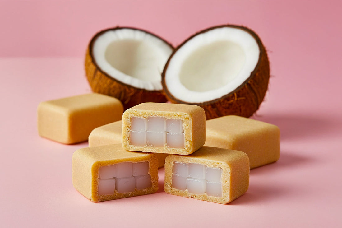 Square, tan-colored candies resembling milk fudge (Jamoncillo), cut open to reveal a cubed, translucent white filling like nata de coco, with a split coconut in the background.