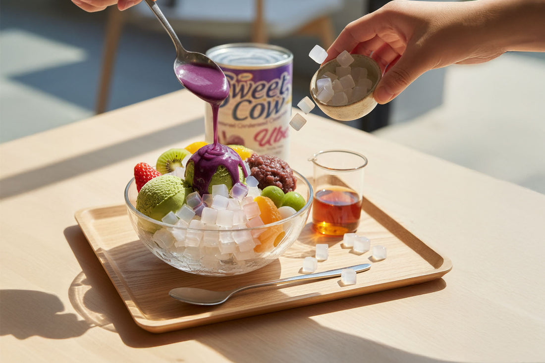 A dessert bowl of ice cream, fruit, nata de coco cubes, and ube syrup topped with Sweet Cow condensed milk.