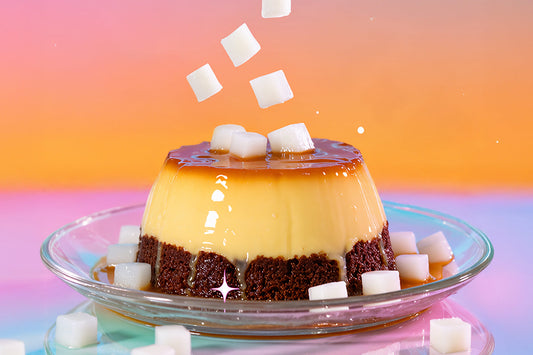 Caramel flan with chocolate base topped and surrounded by chewy white nata de coco cubes on a glass plate.