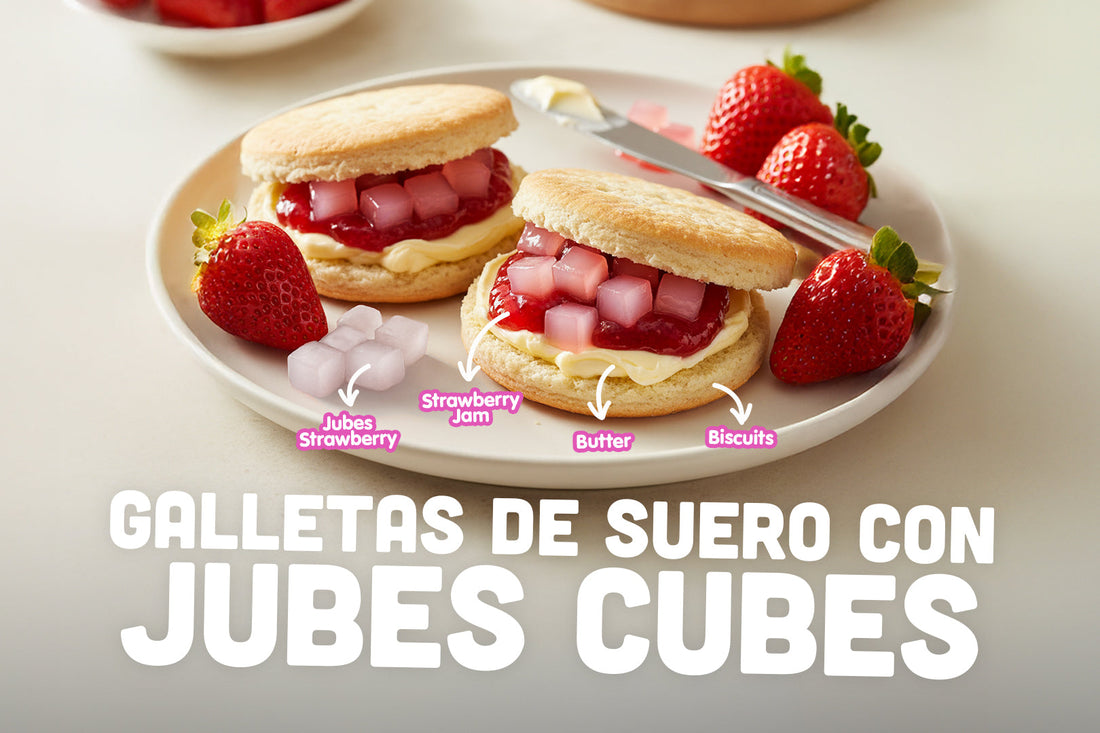 Buttermilk biscuits filled with strawberry jam, butter, and Jubes strawberry nata de coco cubes, served with fresh strawberries.