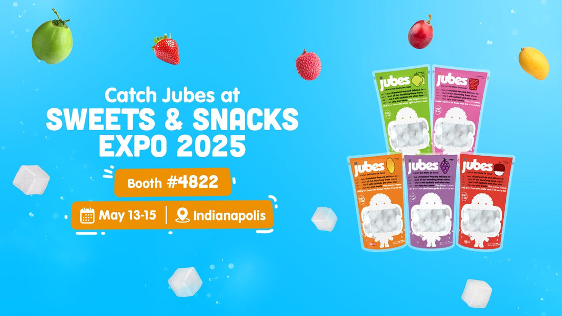 JubesUSA promo banner for Sweets & Snacks Expo 2025, showing five flavored pouches with fruits and booth details.