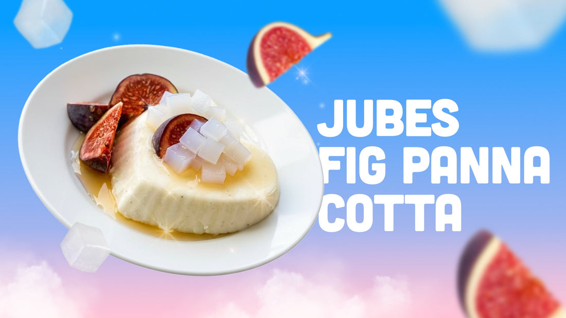 Vanilla panna cotta on a white plate topped with nata de coco cubes and fresh fig slices, with text reading 'Jubes Fig Panna Cotta'.