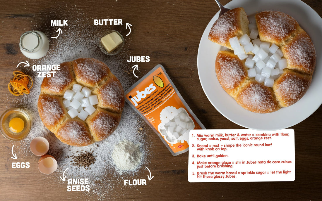 Pan de muerto bread topped with Jubes nata de coco cubes, shown with milk, butter, eggs, flour, and orange zest.