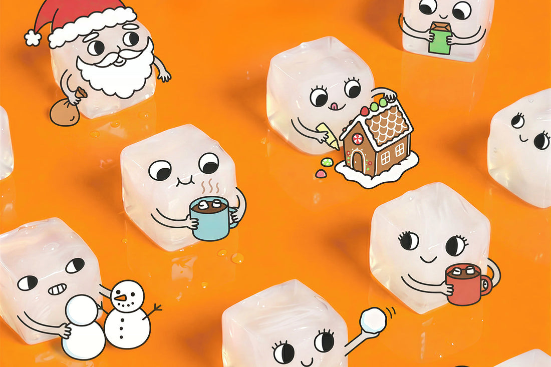 Cute cartoon nata de coco cubes illustrated with holiday activities like drinking cocoa, building a gingerbread house, and making a snowman on an orange background.