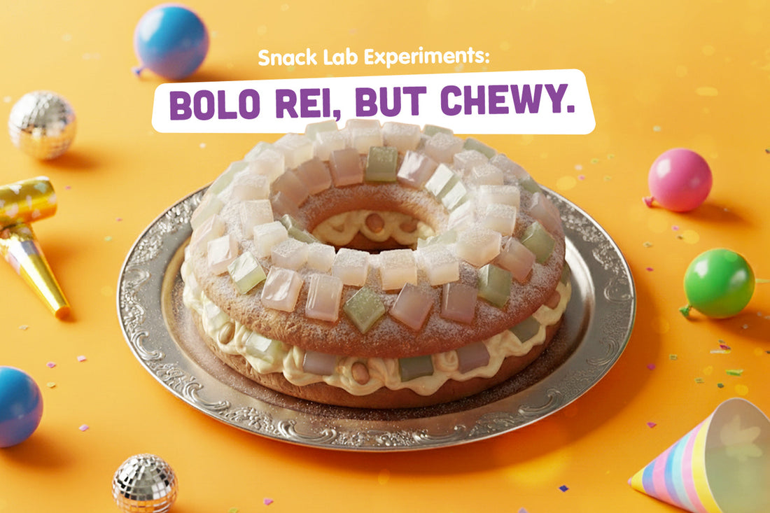 A festive Bolo Rei cake topped with colorful nata de coco cubes and cream filling on an orange party background.