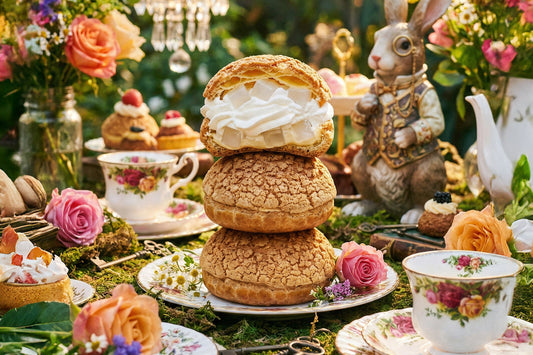 Cream puff filled with whipped cream and nata de coco, styled in a vintage garden tea setting.