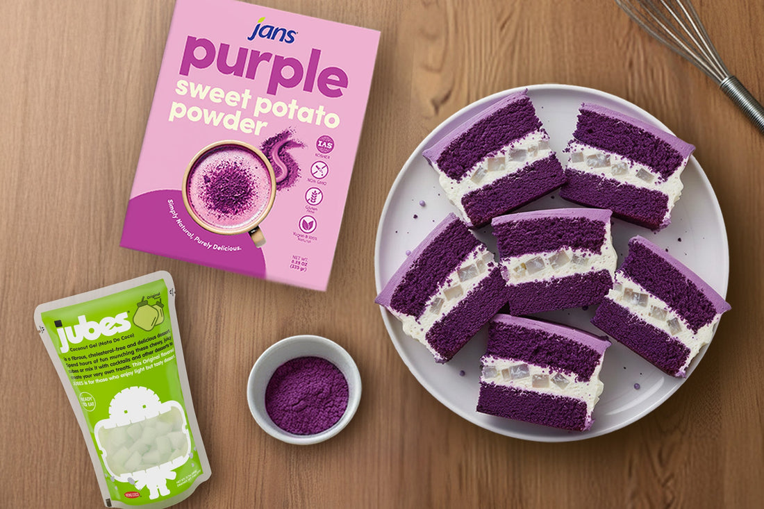 Purple sweet potato cake slices filled with nata de coco, made using Jans purple sweet potato powder and Jubes cubes.