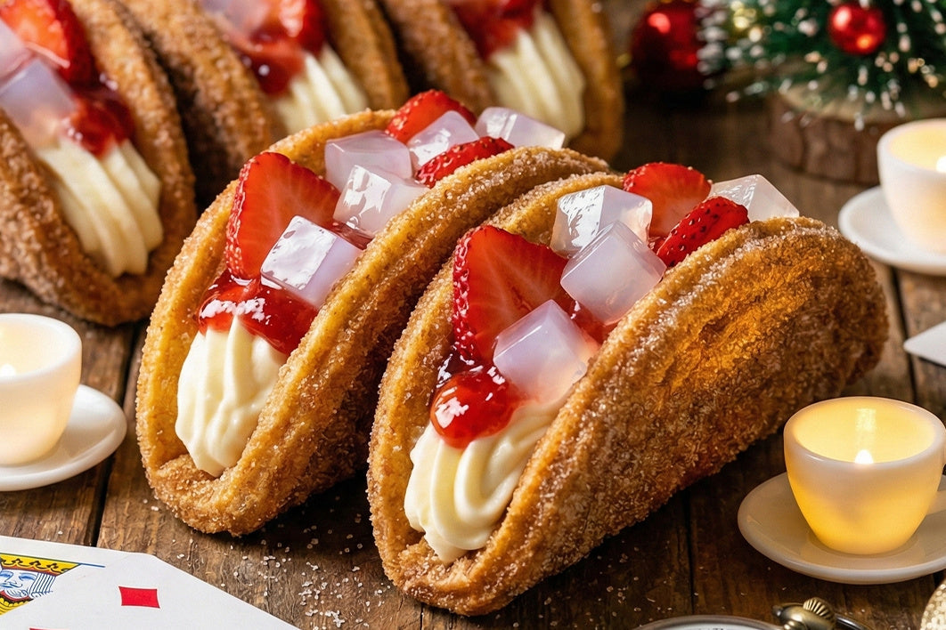 Churro sandwich filled with cream, topped with strawberries and nata de coco cubes.