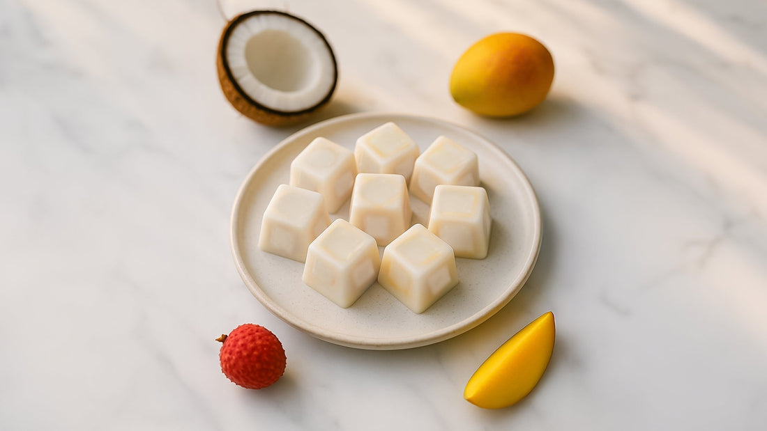 Plate of white yogurt cubes placed on a marble surface, surrounded by a coconut half, a lychee, and a mango.
