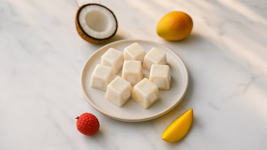 Plate of white yogurt cubes placed on a marble surface, surrounded by a coconut half, a lychee, and a mango.