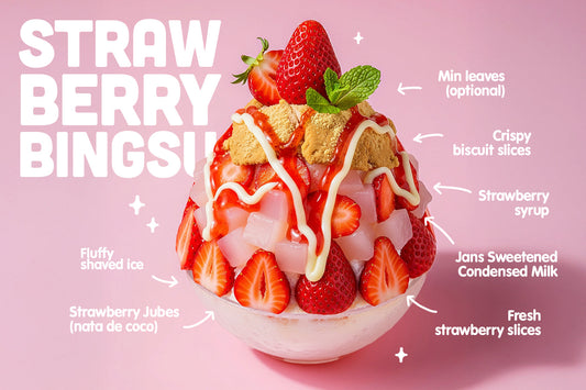 Strawberry bingsu topped with fresh strawberries, biscuit pieces, strawberry syrup, and Jubes nata de coco, served in a bowl against a pink background.