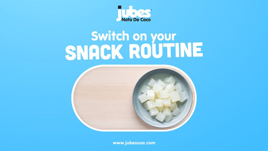 White coconut gel cubes in a bowl with blue background text reading 'Switch on your snack routine'.