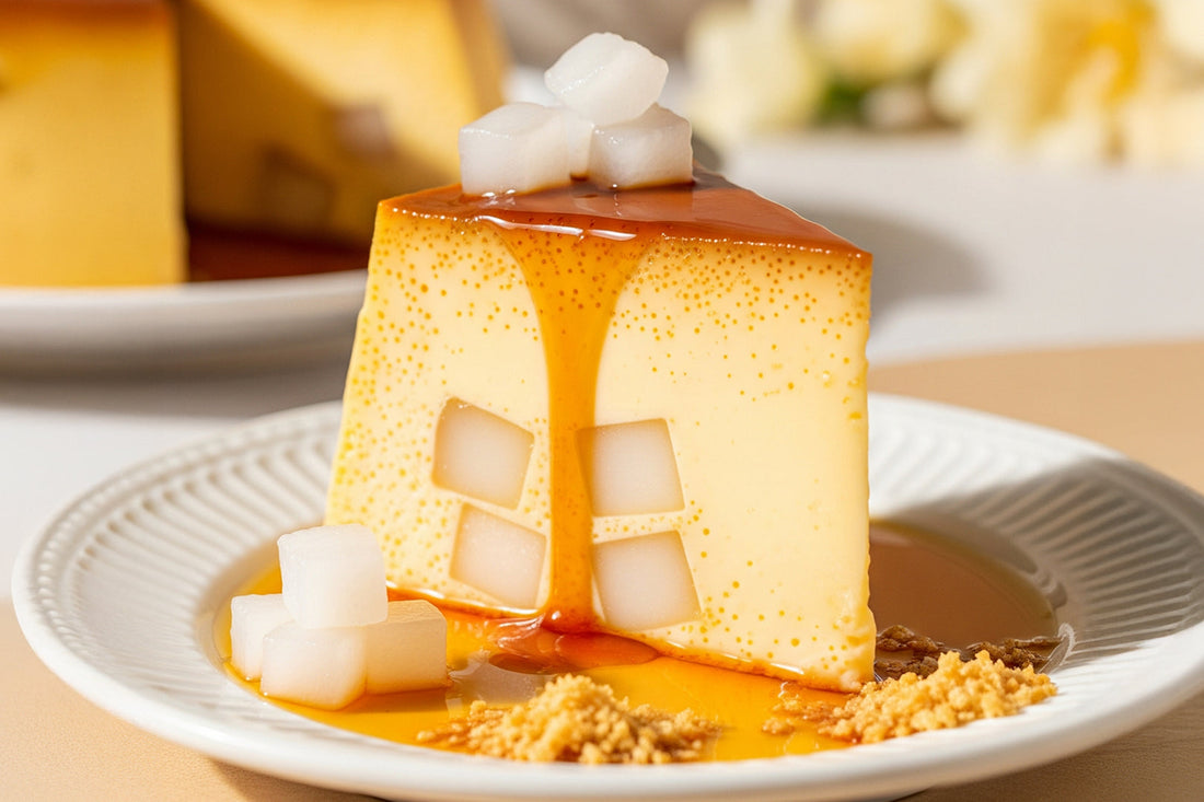 Slice of Flan Napolitano topped with caramel sauce, coconut jelly cubes, and crushed nuts on a white plate.