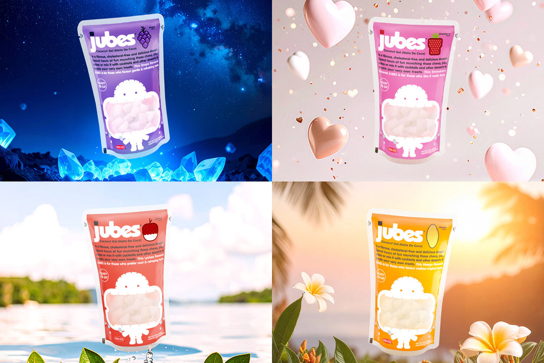 Jubes nata de coco pouches in grape, lychee, strawberry, and mango flavors shown in a four-panel design.