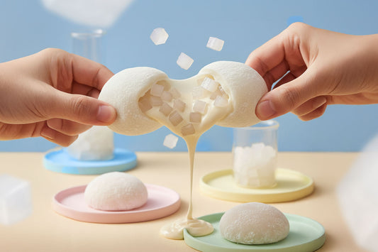 Hands pulling apart a soft mochi filled with creamy filling and chewy Jubes nata de coco cubes on pastel plates.