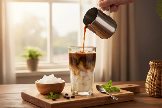 Iced coffee being poured into a glass with milk and nata de coco cubes, served on a wooden tray with mint leaves.