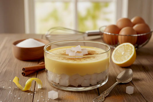 Creamy custard dessert layered with nata de coco cubes, topped with cinnamon and served with lemon and eggs.