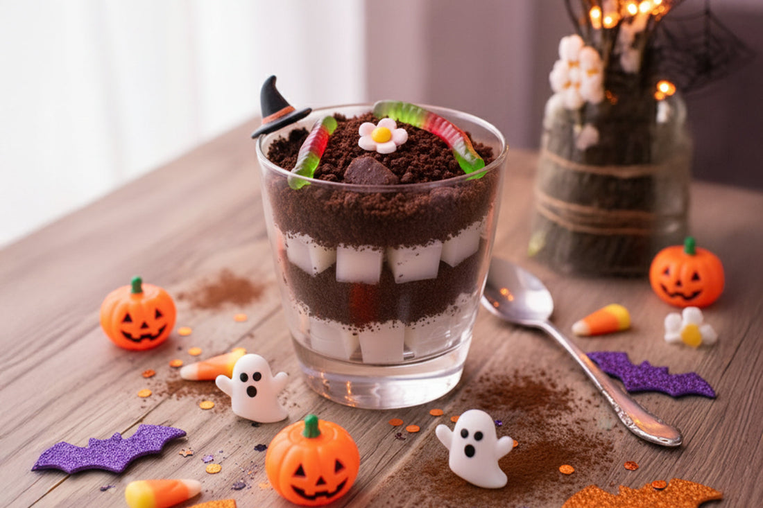 Halloween dessert cup with nata de coco cubes, chocolate crumbs, and gummy worms surrounded by spooky decorations.