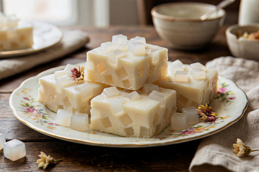 Creamy coconut jelly squares with chewy nata de coco cubes served on a floral plate, a soft and delicate dessert.