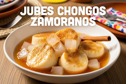 Plate of Chongos Zamoranos with soft milk curds and cubes of coconut jelly in cinnamon syrup, garnished with a cinnamon stick, with text that reads 'Jubes Chongos Zamoranos'.
