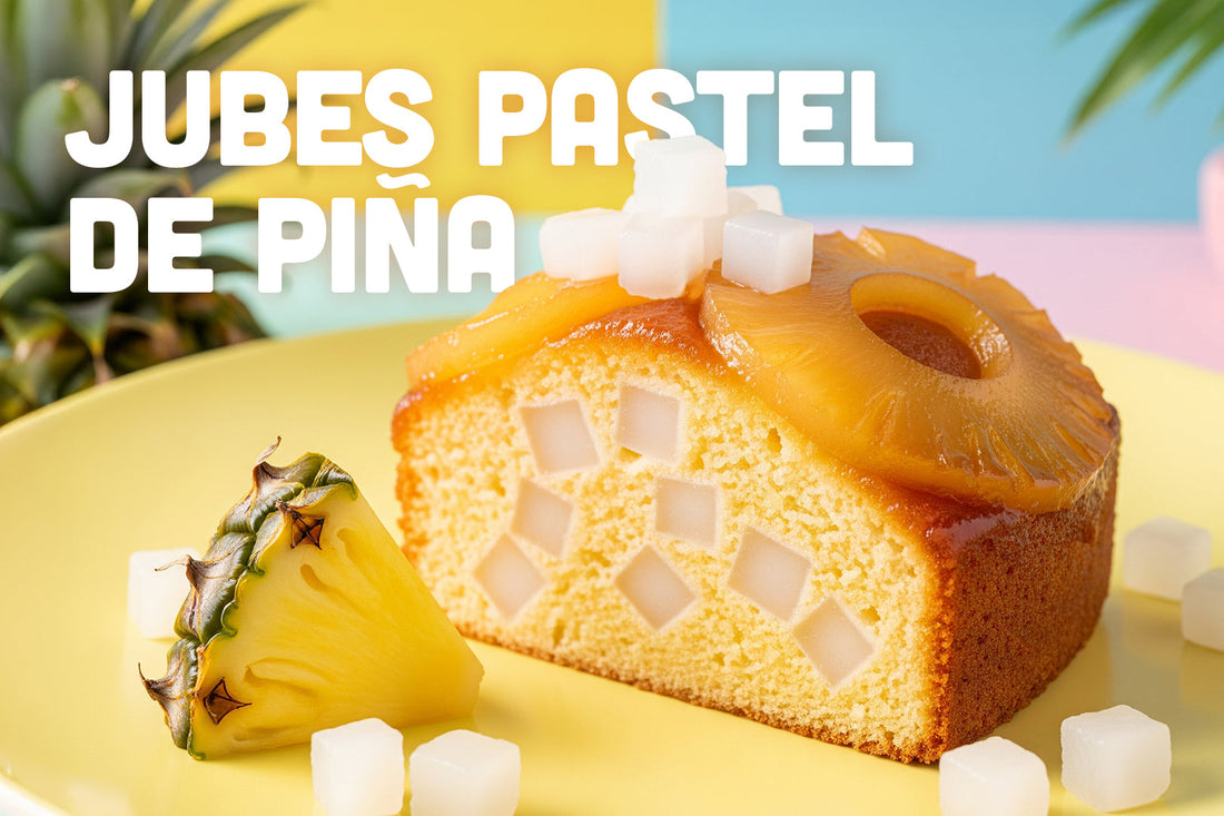 Slice of pineapple cake topped with pineapple rings and cubes of coconut jelly, placed on a yellow plate with the words 'Jubes Pastel de Piña' beside it.
