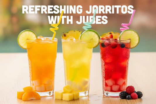 Three tall glasses of Jarritos soda in orange, yellow, and red, each filled with coconut jelly cubes and garnished with lime slices, with text that reads 'Refreshing Jarritos with Jubes'.