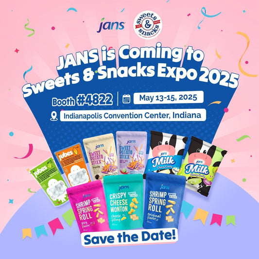 Jans expo banner announcing Sweets & Snacks Expo 2025, featuring Jubes and snack packs with event details and booth number.