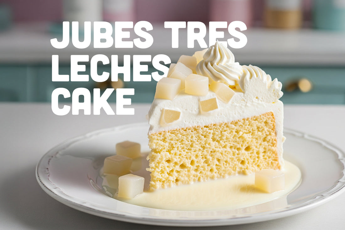 Slice of Tres Leches cake topped with whipped cream and coconut jelly cubes, served on a white plate with text that reads 'Jubes Tres Leches Cake'.