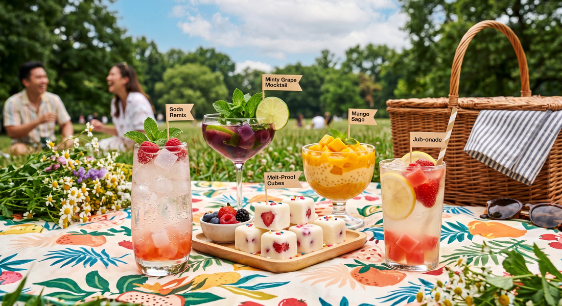 Five refreshing summer recipes made with Jubes nata de coco including mango sago dessert, tropical lemonade, grape mocktail, yogurt cubes, and sparkling soda drinks with chewy coconut jelly cubes.