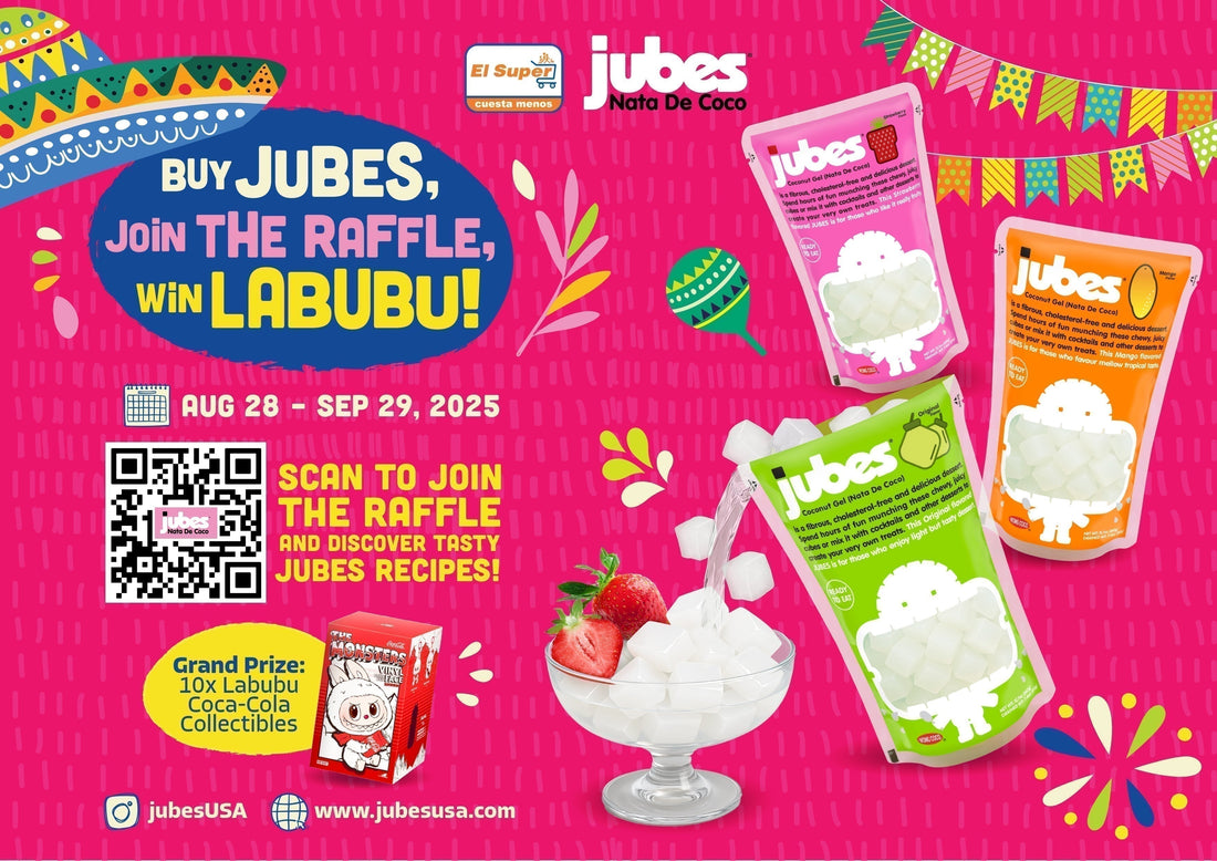 Bright pink raffle poster showing Jubes nata de coco packs in different flavors with text that reads 'Buy Jubes, Join the Raffle, Win Labubu!'.