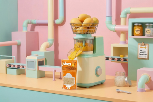 Factory scene where fresh mangoes are being processed by a machine into a Jubes Mango Nata de Coco pouch. The setup includes pipes, conveyor belts, and jars of mango puree and nata cubes.