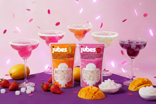 5 glass of Margarita with Jubes Mango and Jubes Strawberry in it for a chewy twist