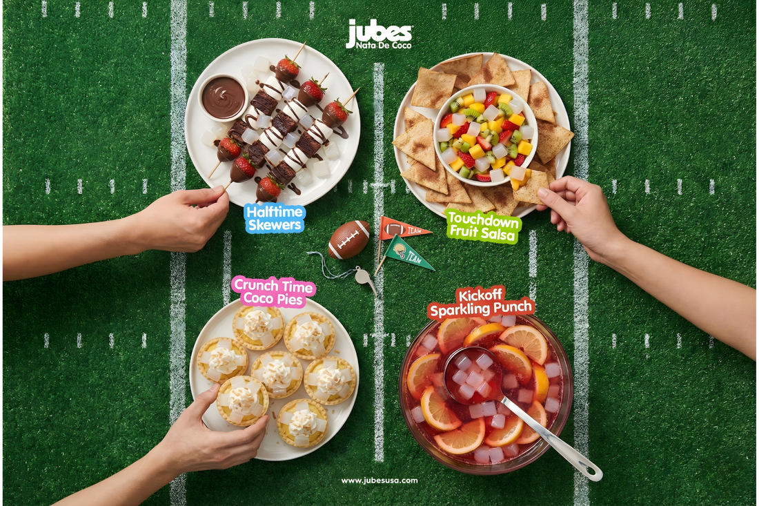Super Bowl Game day snack spread featuring Jubes nata de coco desserts and drinks on a football field backdrop.