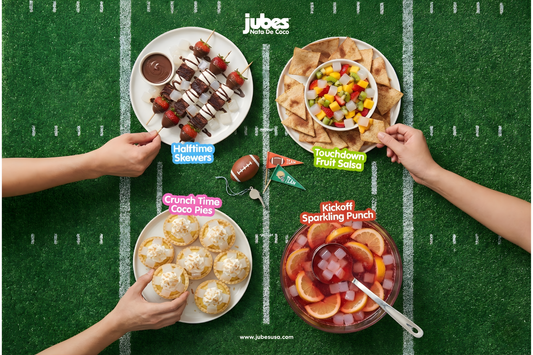 Super Bowl Game day snack spread featuring Jubes nata de coco desserts and drinks on a football field backdrop.
