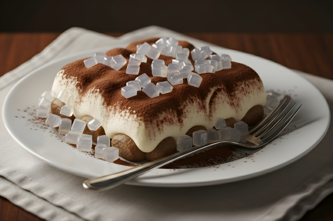 Tiramisu dessert topped with nata de coco cubes and cocoa powder on a white plate.