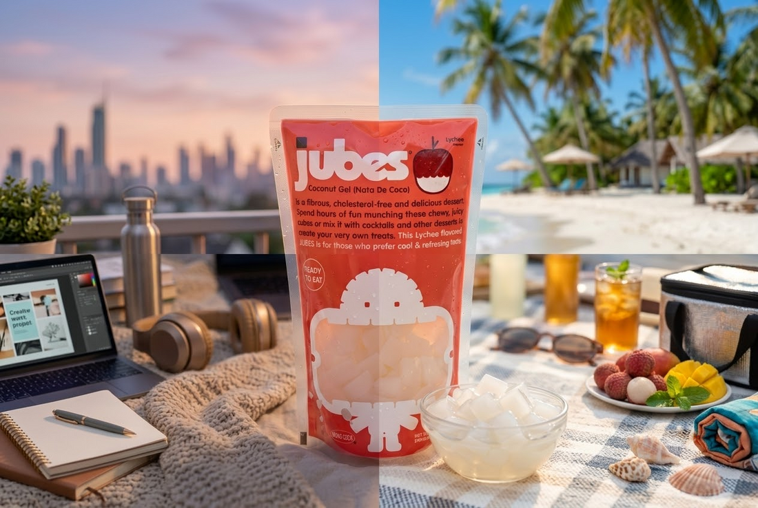 A Jubes Lychee Nata De Coco pouch and bowl of coconut jelly cubes split between a city desk scene and a tropical beach picnic.