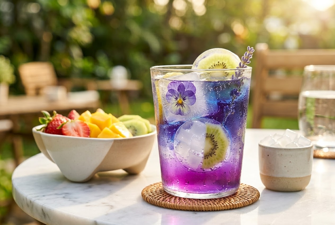 A refreshing, vibrant purple and blue layered iced drink served in a glass on a woven coaster, garnished with kiwi slices, a sprig of lavender, and a purple edible flower frozen inside an ice cube.