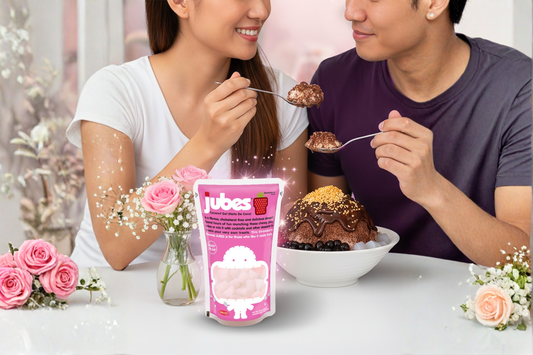 2 people enjoying chocolate bingsoo with Jubes Strawberry as a twist