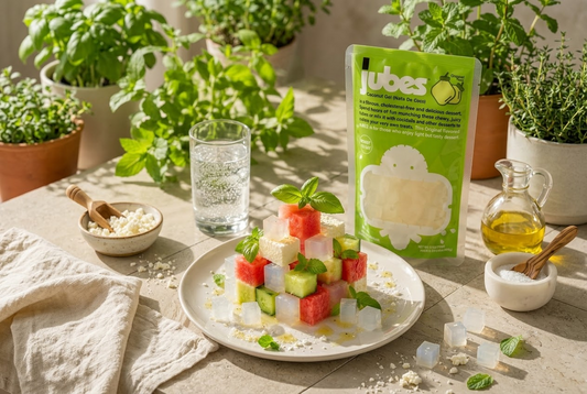 Stacked watermelon, ricotta, and clear Jubes Nata De Coco jelly cube bites on a plate with mint garnish, beside a Jubes pouch and herbs on a sunny table.