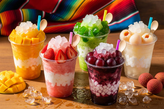 Five cups of colorful raspados shaved ice in red, green, orange, white, and purple, each topped with shaved ice and coconut jelly cubes, with fruit like mango and lychee placed beside them.