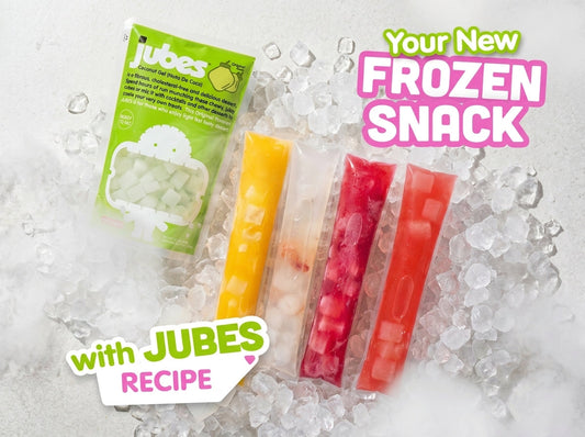 Colorful frozen ice pops filled with Jubes nata de coco cubes displayed on crushed ice, alongside a Jubes coconut gel pouch, with text reading “Your New Frozen Snack” and “with Jubes Recipe.”